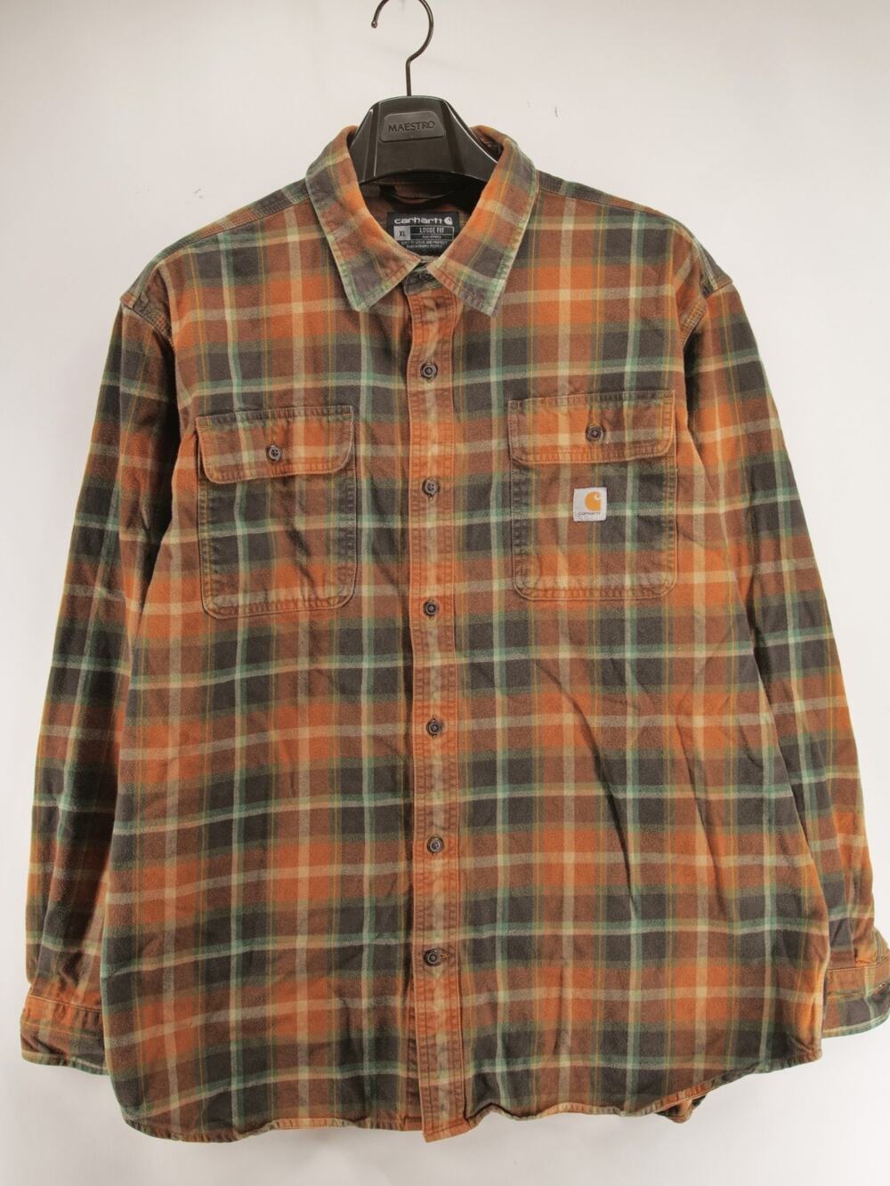 Carhartt Hubbard Plaid Shirt Mens XL Loose Fit Orange Green Cotton Twill TW4451